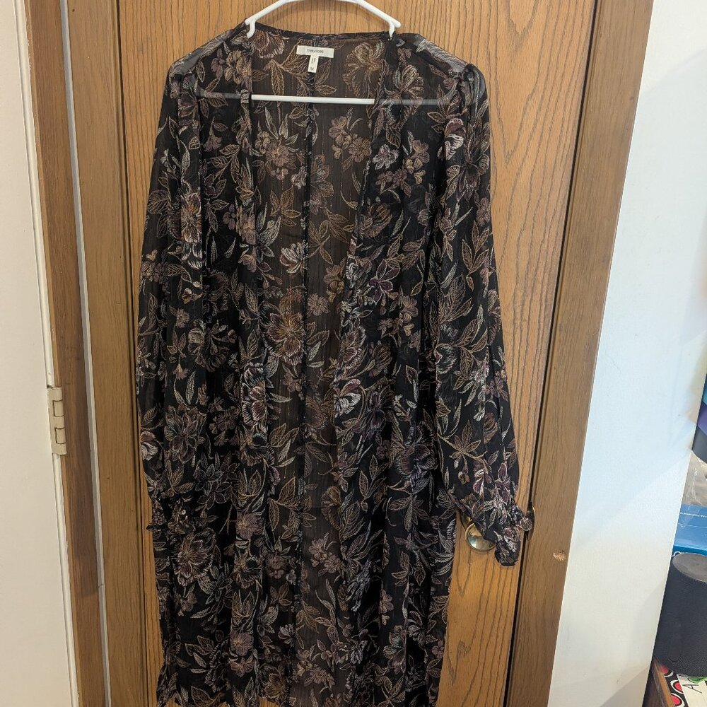 Maurices Floral Black Long Sleeve Full Length Open Front Kimono Cardigan Sheer-M